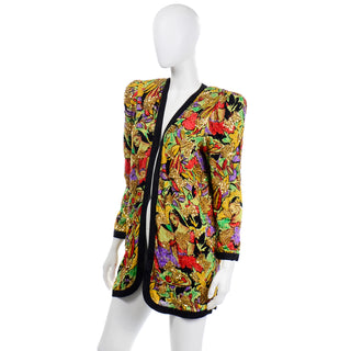 1980s Diane Freis Silk Open Front Jacket in Faces Novelty Print Sequins  and Beads