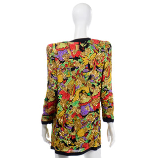 Beaded 1980s Diane Freis Silk Open Front Jacket in Faces Novelty Print