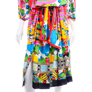 1980s Vintage Diane Freis Bold Colorful Silk Day Dress slit