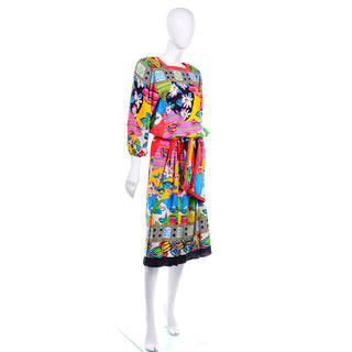 1980s Vintage Diane Freis Bold Colorful Silk Day Dress with belt
