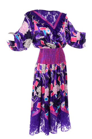 Diane Freis Original 1980s Purple Abstract Floral Dress w Lace Trim & Ruffle