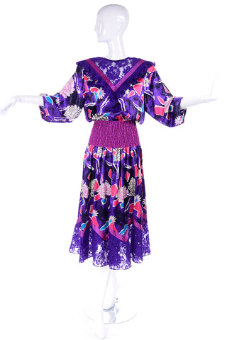 Diane Freis Original 1980s Purple Abstract Floral Dress w Lace Trim & Ruffle