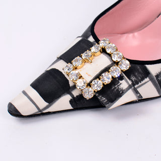 Dolce & Gabbana Black & White Abstract Check Slingback Shoes w Rhinestone buckles 37