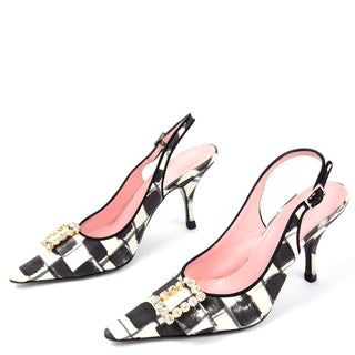 Dolce & Gabbana Black & White Abstract Check Slingback Shoes w Rhinestones size 37 with box