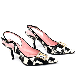 Dolce & Gabbana Black & White Abstract Check Slingback Shoes w Rhinestone buckles with original box