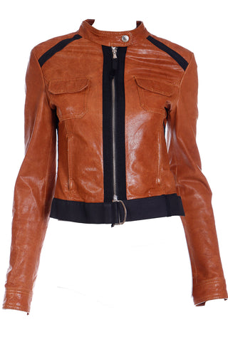 2000s D&G Dolce & Gabbana Brown Leather Jacket w Black Trim