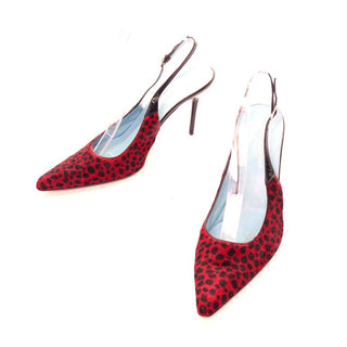 Dolce & Gabbana Animal Print Shoes in Red & Black Spotted Fur Slingback Heels 38.5