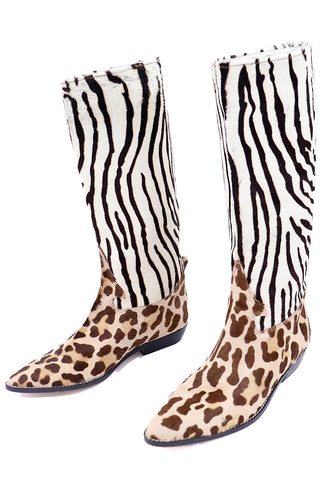 Unworn 1990s Donald Pliner Pony Fur Zebra Stripe Brown & Cream Boots