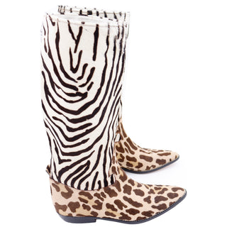 1990s Donald Pliner Pony Fur Zebra Stripe Brown & Cream Boots Size 7