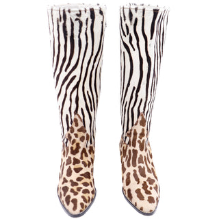 1990s Donald Pliner Pony Fur Zebra Stripe Brown & Cream Boots