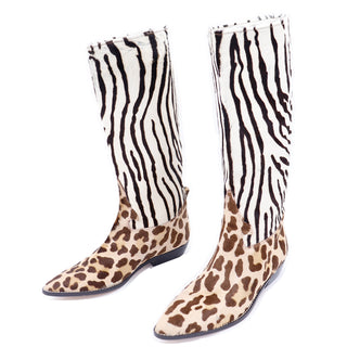1990s Donald Pliner Pony Fur Zebra Stripe Brown & Cream Boots unworn size 7
