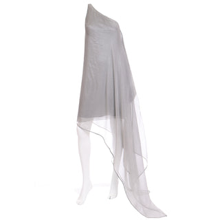 1990s Donna Karan Deadstock Grey Silk Chiffon One Shoulder Evening Dress Size 8