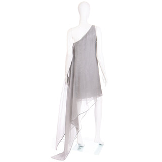 1994 Documented Deadstock 1990s Donna Karan Grey Silk Chiffon One Shoulder Evening Dress