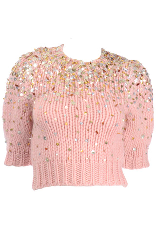 Dries Van Noten Pink Mohair Wool Cropped Sweater with Sequins