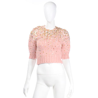 Dries Van Noten Pink Mohair Wool Cropped Sweater with gold & silver Sequins