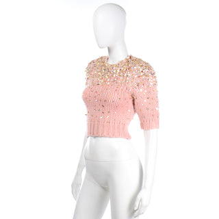 Dries Van Noten xs Pink Mohair Wool Cropped Sweater with Sequins
