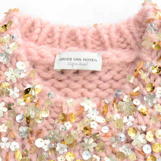 Dries Van Noten Pink Mohair Wool Cropped Sweater with Sequins extra small size