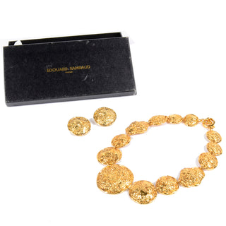 1980s Edouard Rambaud Textured Gold Statement Necklace and Earrings Set