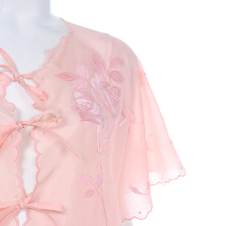 ON HOLD // Vintage Pink Rose Embroidered Bed Jacket w/ Tie Closures