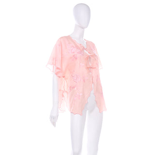 ON HOLD // Vintage Pink Rose Embroidered Bed Jacket w/ Tie Closures