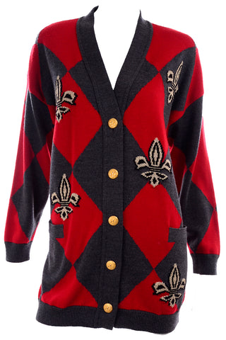 Vintage Red and Grey Escada Fleur de lis Harlequin Sweater