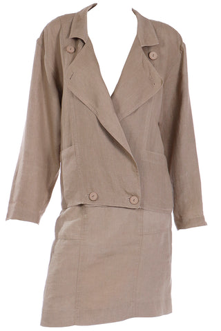 1980s Margaretha Ley Escada 2 Pc Khaki Tan Linen Jacket & Skirt Suit