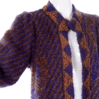 1980s Escada by Margaretha Ley Metallic Copper Purple Royal Blue Mohair Sweater Statement Sleeves 80s