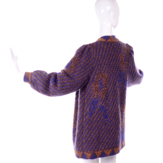 1980s Escada by Margaretha Ley Metallic Copper Purple Royal Blue Mohair Sweater Puff Sleeves