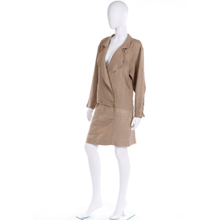 1980s Margaretha Ley Escada 2 Pc Khaki Tan Linen Jacket & Skirt Suit Sz 10