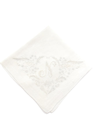 White Vintage Bridal Monogrammed Handkerchief Letter N 
