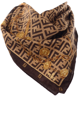 Fendi Vintage Gold Chain Belt Print Scarf in Brown and Soft Gold Cotton