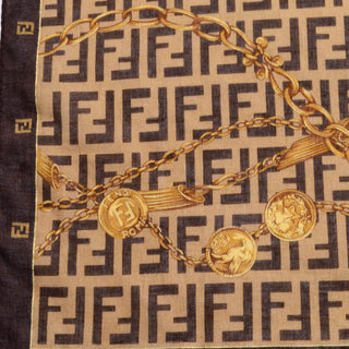 Fendi Vintage Gold Chain Belt Print Scarf in Brown and Soft Gold Cotton Bandana 