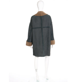 1990s Fendi Lightweight Shearling Gray Green Coat w Lambswool Trim size M/L