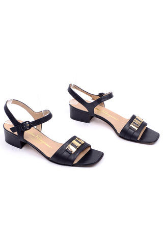 1980s Ferragamo Demi Style Vintage Black Leather Ankle Strap Sandals 7.5