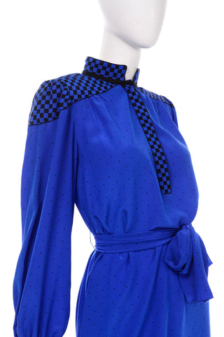Francesca of Damon For Starington Blue Black Polka Dot Silk 80s Dress