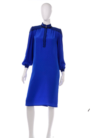 Francesca of Damon For Starington Blue Black Polka Dot Silk Dress 80s