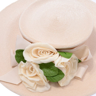 1980s Frank Olive Vintage Cream Straw Hat w Satin Rose Flowers