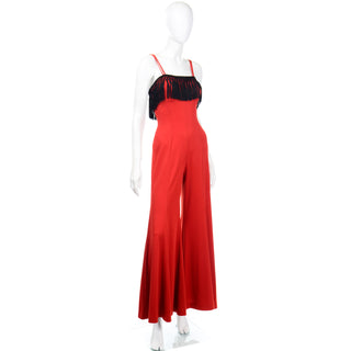 1970s Fredericks of Hollywood Red Jersey Jumpsuit with Black Fringe and Wide Legs