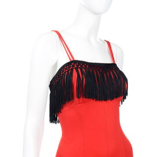 1970s Fredericks of Hollywood Red Jersey Jumpsuit with Black Fringe S