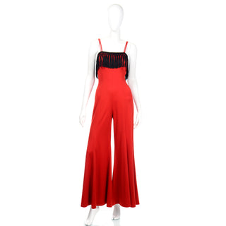 1970s Fredericks of Hollywood Red Jersey Jumpsuit with Black Fringe Bodice