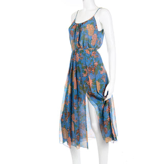 1970s Galanos Numbered Blue Floral Silk Chiffon 2pc Dress & Quilted jacket slit