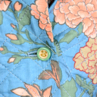 1970s Galanos Numbered Blue & Peach Floral Silk Chiffon 2pc Dress & Quilted jacket