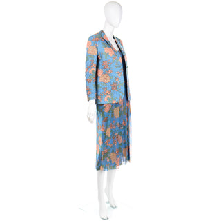 1970s Galanos Numbered Blue Floral Silk Chiffon 2pc Dress & Quilted jacket Top & Skirt
