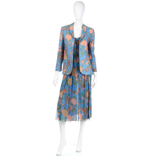 1970s Galanos Numbered Blue Floral Silk Chiffon 2pc Dress & Quilted jacket couture