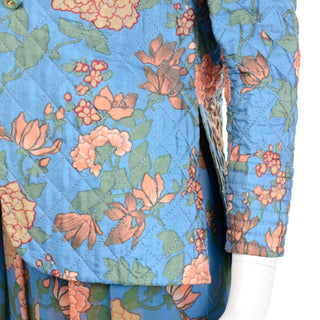 1970s Galanos Numbered Blue Floral Silk Chiffon 2pc Dress & Quilted jacket beautiful print