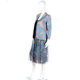 1970s Galanos Numbered Blue Floral Silk Chiffon 2pc Dress & Quilted  matching jacket