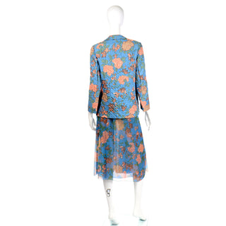 1970s Galanos Numbered Blue Floral fine Silk Chiffon 2pc Dress & Quilted jacket