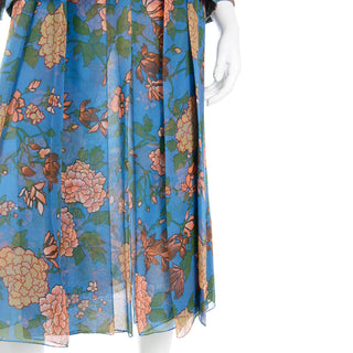 1970s Galanos Numbered Blue Floral Silk Chiffon 2pc Dress Top & Skirt w Quilted jacket 