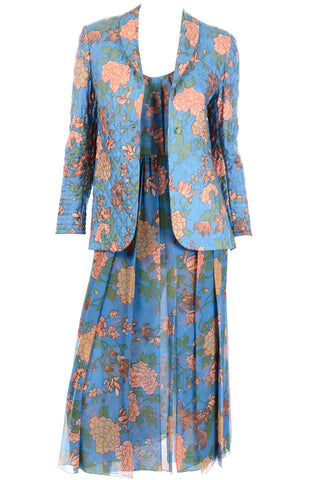 1970s Galanos Numbered Blue Floral Silk Chiffon 2pc Dress & Quilted jacket