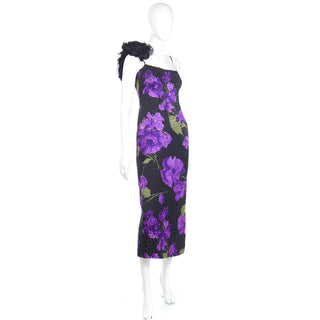 1970s Galanos Purple Floral Silk Evening Dress w large Black Flower